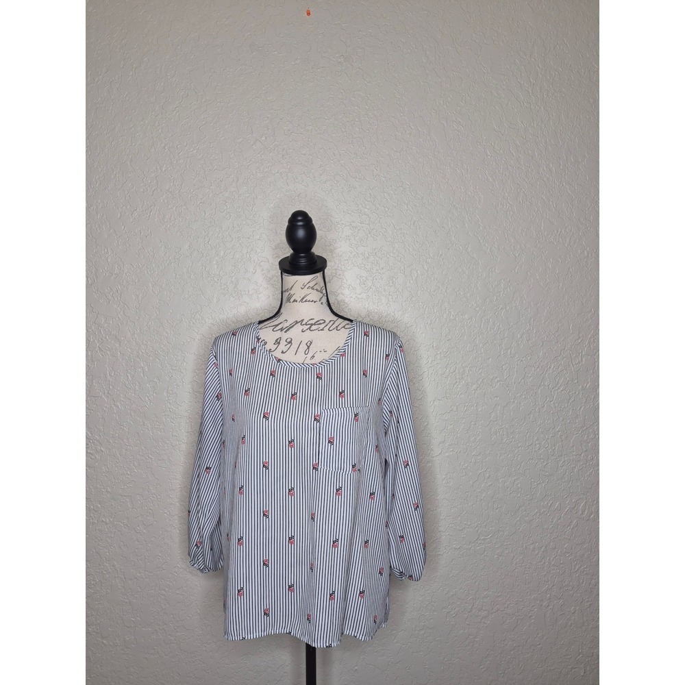 Jon & Anna Contemporary Striped Rose Print Mock Button Back Blouse Size M